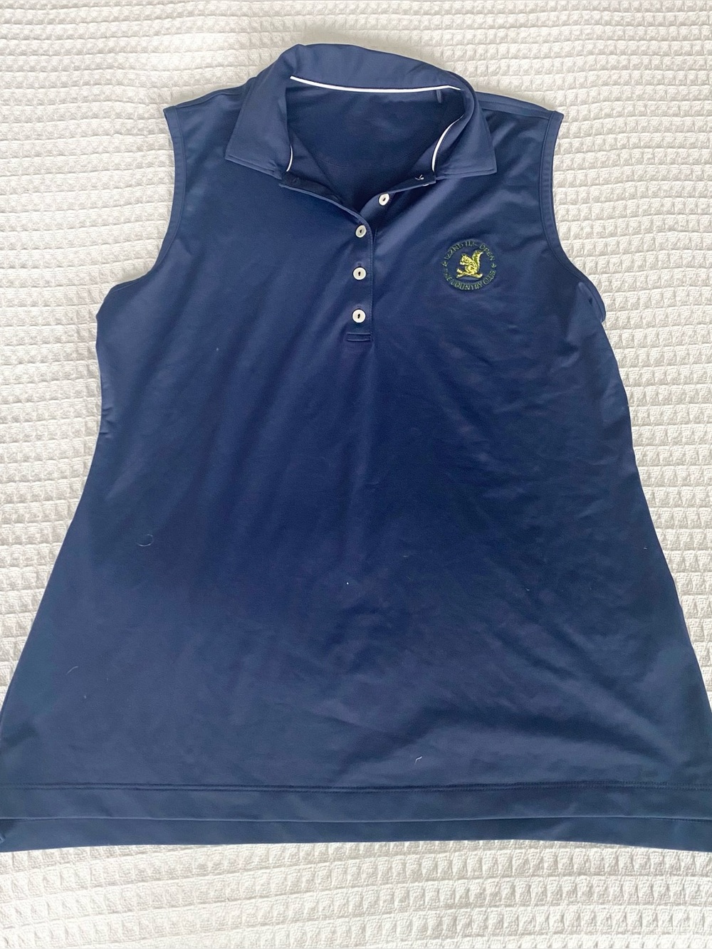 Peter Millar Navy Sleeveless Polo with White Trim and Embroidered Crest large